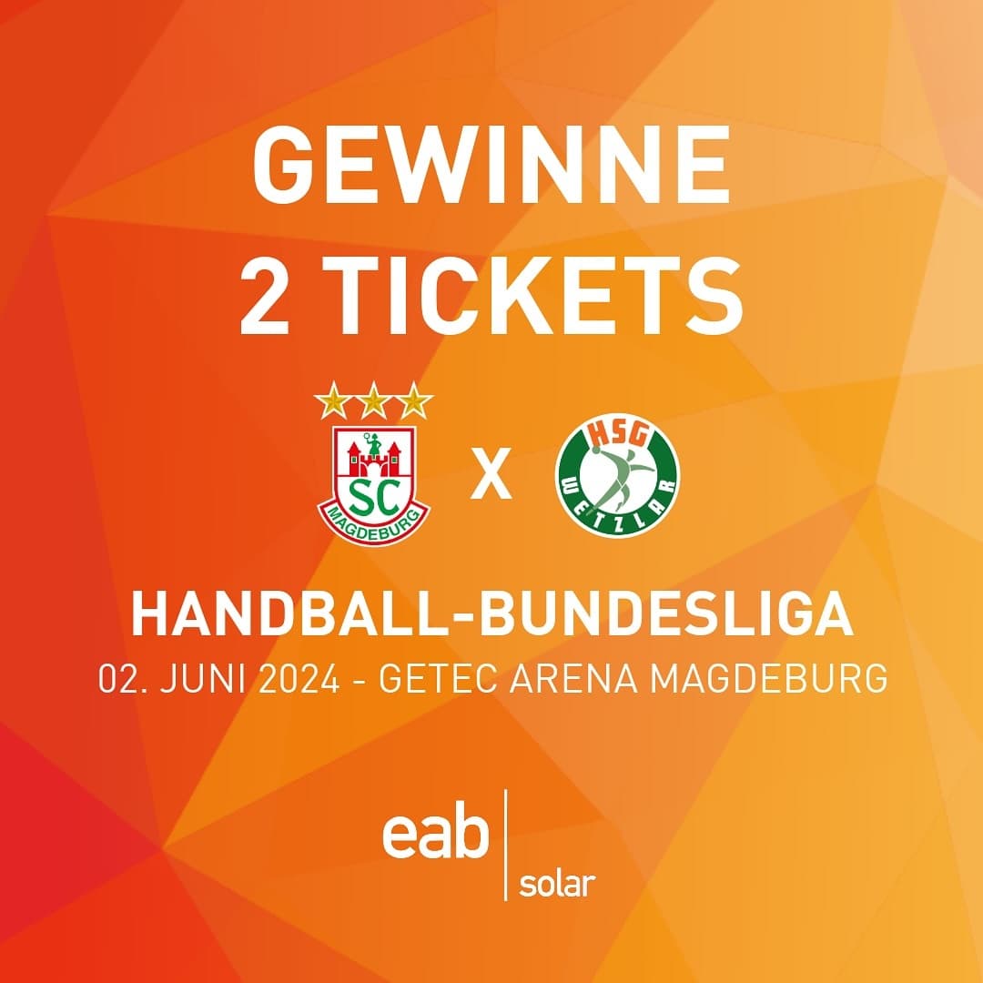 🤾🏼‍♂️ 2. RUNDE: Das eab solar Gewinnspiel 🤾🏼‍♂️

Gewinne 2 Tickets für das Handball-Bundesliga Spiel SCM vs. HSG Wetzlar am 02.06.2024!

Wie das geht?

☀️ Folge eab solar
🫶🏼 Teile diesen Beitrag in deiner Story
☀️ Verlinke unter diesem Beitrag deinen Handball Buddy

Wir drücken euch ganz fest die Daumen!

Teilnahmeschluss: 24.05.2024, 20.00 Uhr
Der Gewinner oder die Gewinnerin wird am 25.05.2024 bekanntgegeben und per DM benachrichtigt. Instagram/Meta trägt keinerlei Verantwortung für dieses Gewinnspiel. Alle Teilnahmebedingungen siehe Link in Bio.

#eabsolar #eabsolarmagdeburg #gewinnspiel #geschenke #handball #💚❤️ #handballliebe #scmhuja #liquimoly #hanballbundesliga #hbl #solarenergie #solarmodule #solarstrom #solarpower #photovoltaic #erneuerbareenergien #nachhaltigkeit #zukunftgestalten #elektromobilität #fürunsereregion #sachsenanhalt #magdeburg